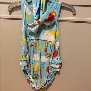 Little sleepies 12-18 months Romper and bow sun showers